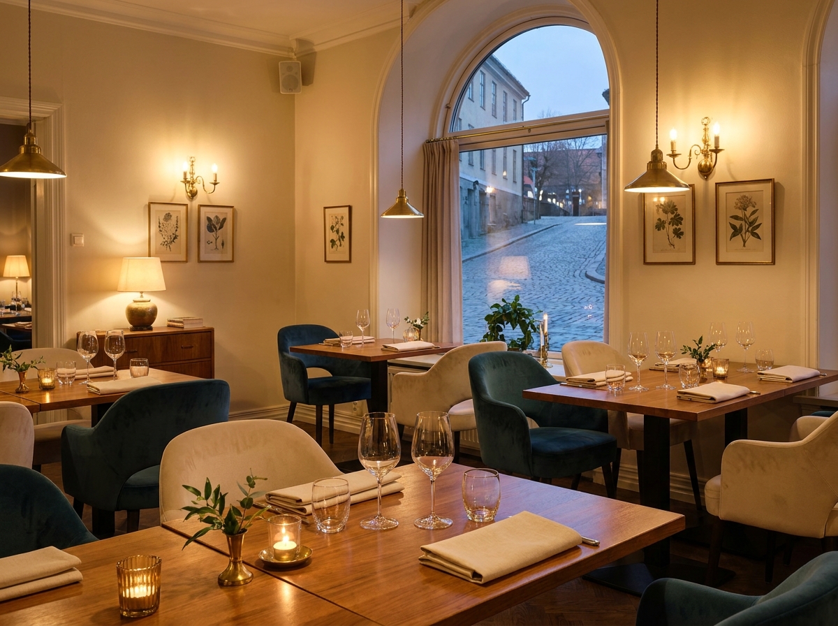 Sala de restaurante ao início do serviço, mesas postas e luz quente.